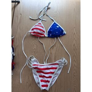 B24 New Women AMI 1pc Patriotic American Flag Strappy Bikini Cheeky Ruched Small